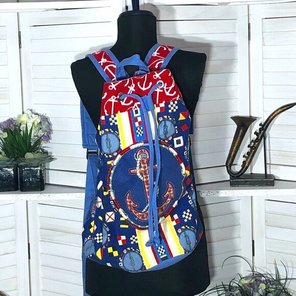 Sun 'N' Sand Beach cotton backpack red blue anchor sailor's knot racing flags - Picture 1 of 10